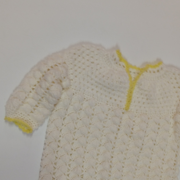 Vintage Hand Crochet Baby Gown White w/ Yellow Trim - Picture 5 of 8